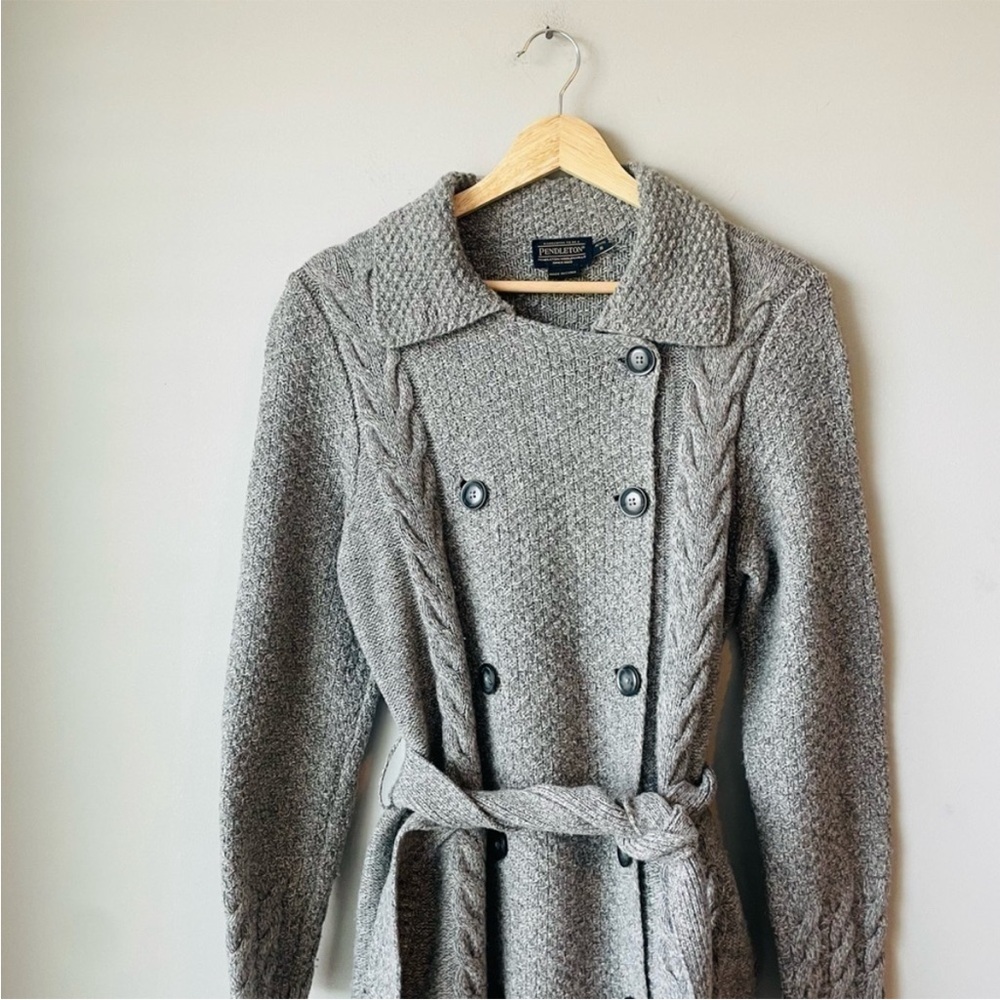 Pendleton Gray Belted Cable Knit Sweater Rare - image 2